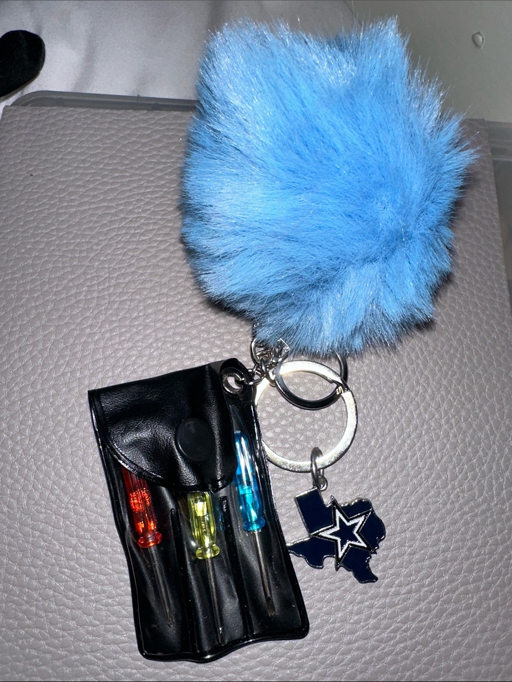 Blue Faux Fur Pom Keychain with Tool Charm